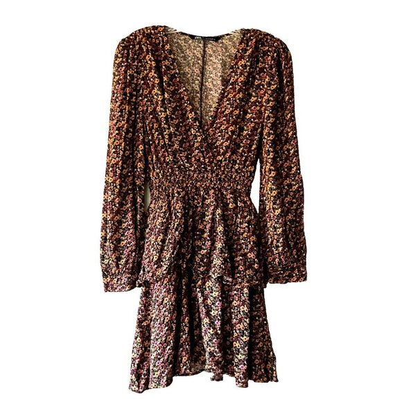 Zara Dress Women Small Deep‎ V-Neck Floral Earthy Smocked Waist Long Sleeve Boho - Picture 1 of 13